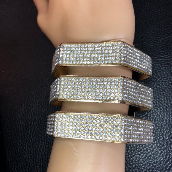 Gold Rhinestone Statement Cuff Bracelet Big Chunky 3 Row Wide Hexagon 7+" - Picture 2 of 10